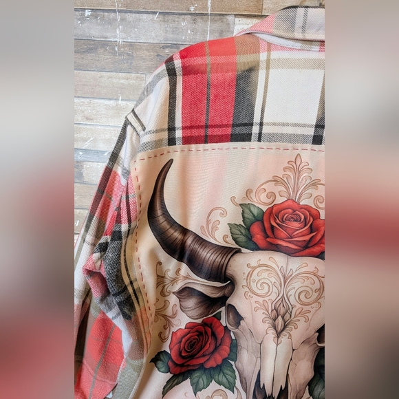 Boho Southwestern Bull W Roses Upcycled Dip Dye Bleached Flannel Shirt - Picture 3 of 15